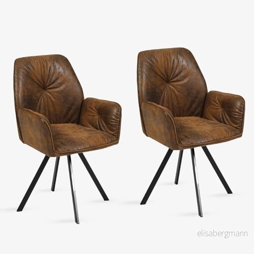MEUBLE COSY Set med 2 stolar matsalsstol 360 svängbar på vintage fåtölj ryggstöd och armstöd för vardagsrum kök kontor, stoppad sits i sammet, metallfötter, brun, 60 x 62 87,5 cm 6974385628774