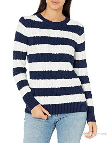 Amazon Essentials dam fiskarkabel långärmad tröja med rund hals (finns i plusstorlek), marinblå vit rugbyremsa, X Small 195111197944