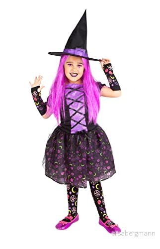 Rubies Moonlight lila häxa för flickor, klänning, hatt och tights, original, halloween, karneval födelsedag, S8670 S 8422971867055