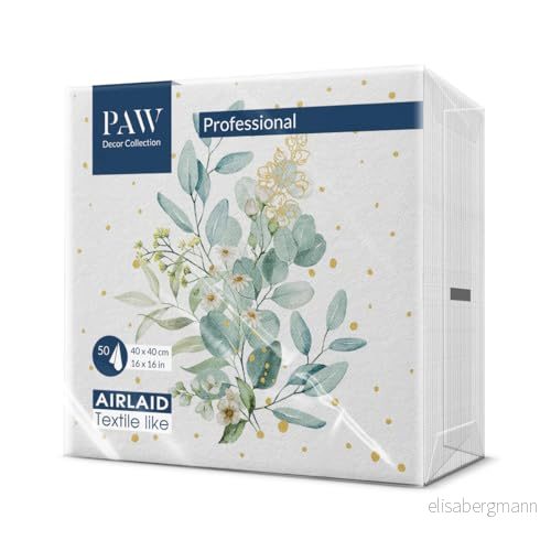 PAW Airlaid servetter (40 x 40 cm) I 50 stycken perfekt för bröllop, dop, nattvard, födelsedag högkvalitativ bordsdekoration av tyg servetter, dammig eukalyptusbukett 5906360036800