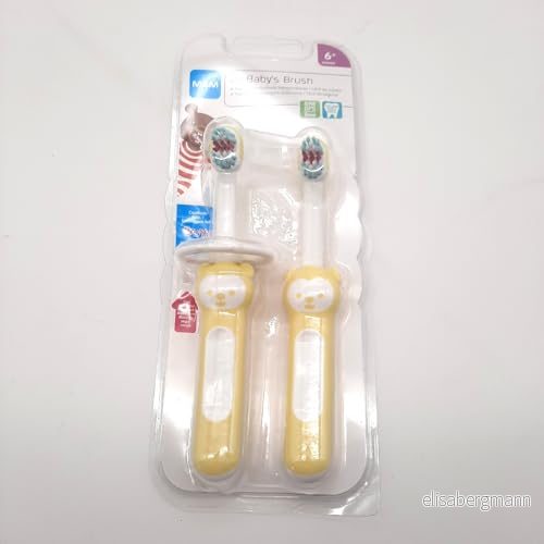 MAM Baby's Borstset C121 Set med två tandborstar kort och kompakt handtag, säkerhetsring, för spädbarn från 6 månader, neutral, 2 stycken 9001616705656
