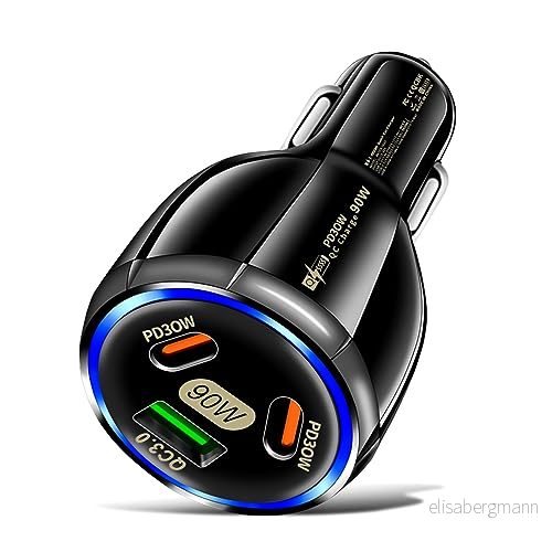 JADUFHU 90W USB C billaddare bil, cigarettändare QC3.0/PD30W, passar för IPhone, surfplatta, Samsung, Huawei, Xiaomi svart 783296647721