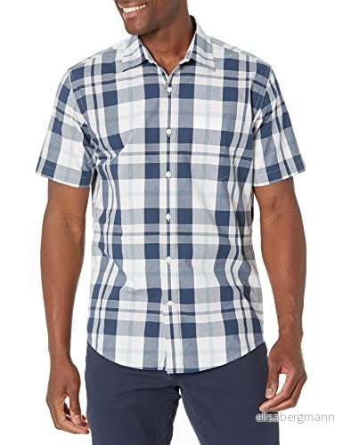 Amazon Essentials Men's Kortärmad poplinskjorta med normal passform, Marinblå Vit Stora rutor, XL 193548350260