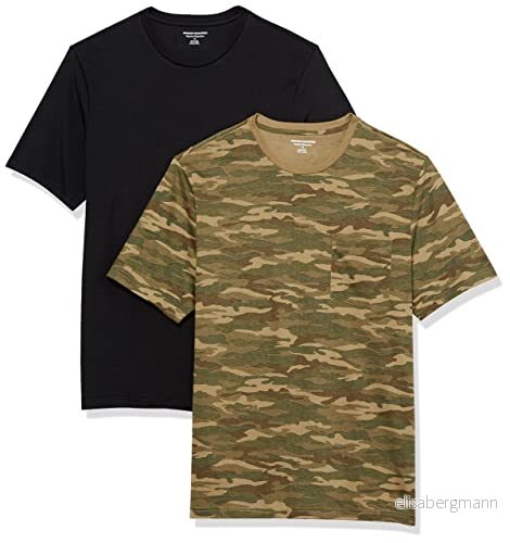 Amazon Essentials herr normal passform kortärmad rund hals ficka t shirt, paket med 2, svart/kamouflagetryck, X Large 196433600228