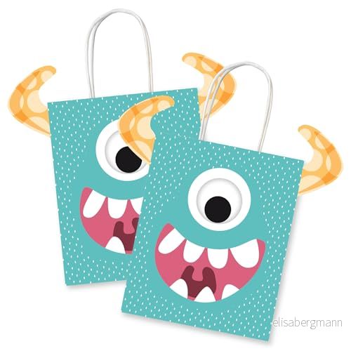 Homéa, Set med 4 presentpåsar i papper rörligt öga 18 x 8 H 32 cm monster 3574380651673