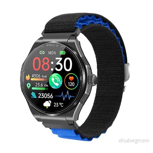 Knauermann PRO 3 (2024) svart hälsoklocka smartwatch med telefonfunktion EKG + HRV och SOS funktion AMOLED BT Bluetooth display sömnapné tygrem svart/blå 1424, Svart, Normal 7427306298505