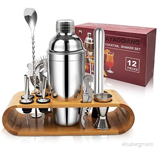 AYAOQIANG Cocktailset med 12 delar i rostfritt stål, trästativ, mätkopp och barsked, 750 ml shaker, cocktail-presentset för hemmet eller baren. 795749015469