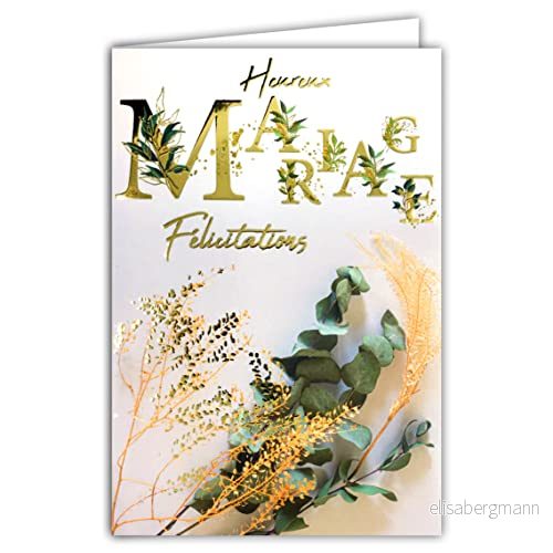 AFIE Happy Wedding Card Grattis Brilliant Guldguld Kuvert ingår Bohemiska chica torkade blommor Eukalyptus gräs tillverkad i Frankrike 63 1150 3700676647949