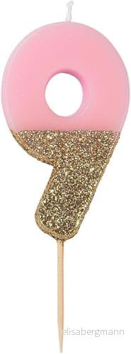 Rosa nummer 9 nio födelsedagsljus med guldglitter Premium kvalitet tårtdekoration Vacker, glittrande för barn, vuxna, 9:e, 90:e födelsedagsfest, årsdag, milstolpe ålder BDAY CANDLE 5052715090758