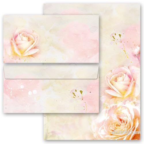 20 st. Komplett motiv brevpapper set ros blommor 10 ark + matchande kuvert DIN lång fönsterlös 4250565313916