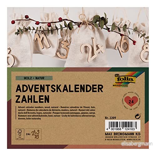 folia 2209 Adventskalender, siffror, naturligt trä, 24 siffror av trä för upphängning 4001868124163