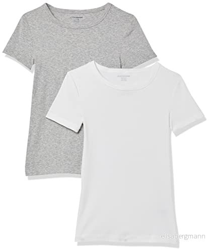 Amazon Essentials Women's Kortärmad T shirt med rund hals smal passform, Pack of 2, Ljusgrå ljung/Vit, M 196433135584