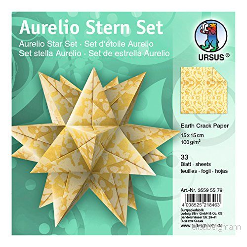 Ursus 35595579 Fällbara blad Aurelio stjärna jordsprickpapper, guld, 33 ark, tillverkade av handgjort naturpapper, metallisk effekt 100 g/kvm, ca 15 x cm, tryckt på båda sidor, perfekt som juldekoration 4008525218463