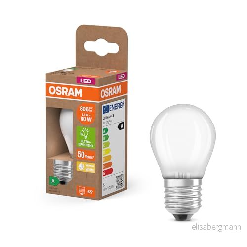 OSRAM Energy Class LED lampa i klassisk minikulaform, 3,8 W / 806 lm, EEK A, varmvitt ljus (2700 K), CRI 80, tillverkad av frostat blyfritt glas, E27 sockel, IP20, 45 mm DM, 6 st. 4099854255847