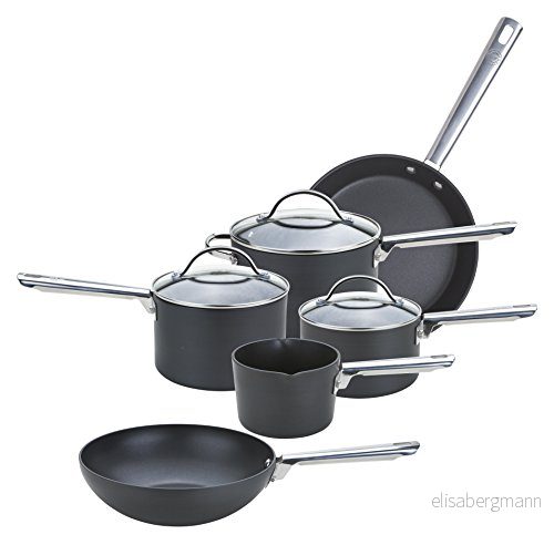 Anolon Professionellt set med kastruller och stekpannor 6 delar non stick grytset glaslock, hållbara handtag i rostfritt stål, metallredskap, säkra kastruller, wok stekpanneset, svart 5011275613258