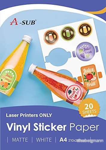 A SUB Vit matt premium vattentätt utskrivbart vinyldekalpapper, självhäftande vinyletiketter för Laserskrivare, A4 storlek, 20 ark 5060640923522