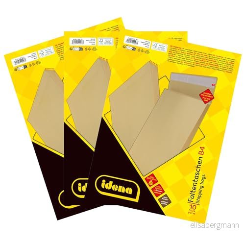 Idena 11093 3 fraktpåsar DIN B4, 30 stycken självhäftande, veckade påsar med 4 cm golvveck, kuvert utan fönster, tillverkade av 140 g/m² FSC återvunnet papper i brunt 4064997901968
