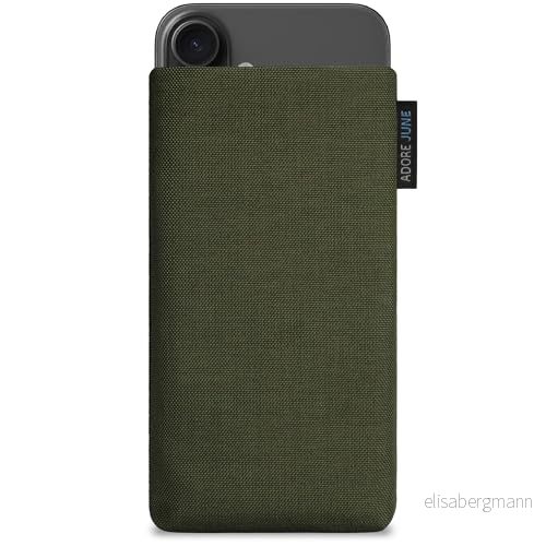 Adore June Classic Oliv Grön Smartphonefodral kompatibelt med iPhone 16 2024 Mobiltelefonfodral av slitstarkt Cordura Tyg Dsplayrengöringseffekt, Tillverkat i Europa 4260764581245